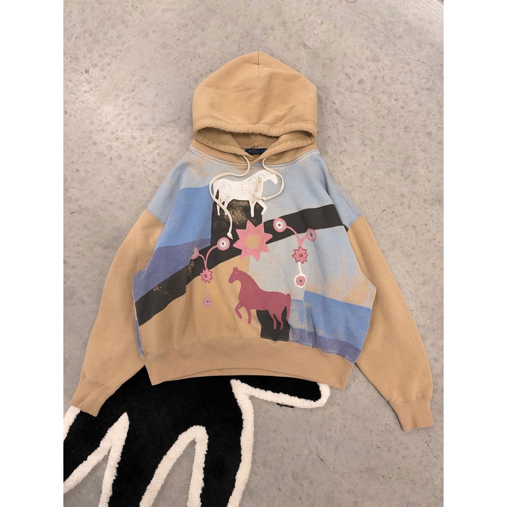 Polo Ralph Lauren Womens Horse Graphic Fleece Hoodie Tan Blue Large